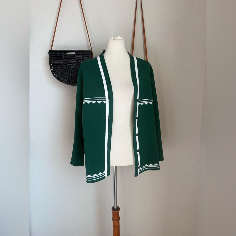 Vintage 60's Alice Kaye Green Open Front Cardigan, Size 16.5